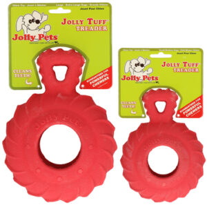 Jolly Tuff - Stor 15 cm Jolly Tuff - stor 15 cm er lavet af vores mest holdbare gummi. Det er modstandsdygtigt overfor selv de mest ihærdige tyggere. Tykt naturgummi og unikke hævede overflader hjælper med at rense tænderne, mens hunden tygger. Du har mulighed for at fylde Jolly Tuff med godbidder, vådfoder og eller torskerogn,  så der er en ekstra feature. Jolly Tuff - stor 15 cm hopper uforudsigeligt når du kaster med den. Man kan binde den fast til fx buret, når man skal træne burtræning til bilen eks. og eller alene hjemmetræning, så kan den bindes fast til hvad som helst i hjemmet og derved gøre det svære for hunden at slikke og derved vare opgaven i længere tid. Tåler opvaskemaskinen. Tåler frys Stor = 15 cm i diameter Mentalstimulerende – Træningsredskab til hunde Det er en fest, en ren fornøjelse for din hund at bruge hjernen når hunden skal stimuleres, altså blive naturligt træt. Ud over at hunden syntes der er en fest, så får den faktisk også succes ved at løse en opgave. Når hunden får succes, så opbygger vi hundens selvtillid. Lækkert fyld, både vådt og tørt foder samt godbidder kan tilføres. Det er mentalstimulerende for din hund, og derved hjælper din hund til at blive naturligt træt. Slikkemåtter – Jolly Tuff - stor 15 cm – zogoflex, med mange andre. Det vigtigste redskab du må investere i til din hund.   Det er et godt ”hemmeligt” våben, når du i din travle hverdag lige skal sikre at din hund bliver stimuleret. Eksempler og ideer på/til at bruge Jolly Tuff - stor 15 cm det fremragende værktøj: Vi kan med fordel bruge det til at give hvalpen/hunden mulighed for at få bearbejdet alle dagens/turens oplevelser/indtryk og herved ”putte alle indtryk i rette kasser”. (Godt at tilbyde når man kommer hjem fra en gåtur – idet hunden opfanger alt omkring sig og hermed kan det hjælpe på at give ro) Du skal have middagsgæster og hunden skal slappe af alt imens – her har hunden noget at foretage sig alt imens du varetager dine gæster som kommer til middag. Miljøtræning – kan ikke undgås – den hjælper hunden til at forholde sig neutralt til sine omgivelser, samt forbinder hunden sine omgivelser med noget positivt (lyde/bevægelser = der kommer noget positivt ind i munden) Ydermere er Jolly Tuff - stor 15 cm et Fremragende redskab til din lydtræning og miljøtræning. Lydtræning er 80% af vores træning og prægning af hundens selvtillid og deraf en hund i balance. Bliv klogere på hvordan du skaber en god og sund relation med din hvalp ved at læse herunder: God Start på en Sund Relation med din Hund Følg mig gerne på YouTube: www.youtube.com/@hunde-liv Andet godt som bestemt vil være en god investering i din hund: Chicopee Dog Adult Beef & Rice 12 x 400 gram Slikkemåtte Dyb nr. 1 Aktiveringslegetøj til din hund Slikkemåtte Hjerte Slowfeeder nr. 1 Aktiveringslegetøj til din hund Slikkemåtte Multi nr. 1 Aktiveringslegetøj til din hund Slikkemåtte Blomster og Blade – nr. 1 Aktiveringslegetøj til din hund Chicopee Dog Adult Beef & Rice 6 x 800 gram Chicopee Dog Adult Poultry & Salmon 1 x 400 gram